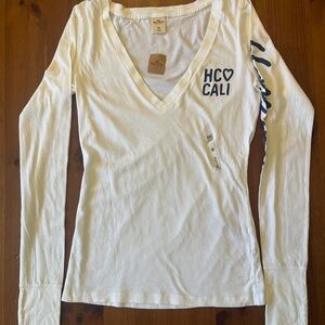 Hollister White Long Sleeve Tee with Navy Accents